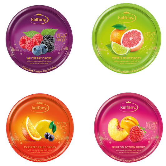 Kalfany Fruit Drops 150g Tins – Mixed Flavours (5 or 10 Tins)