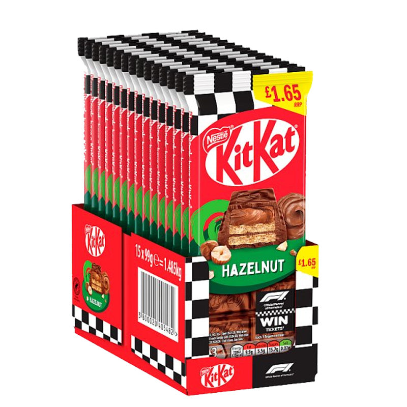 KitKat F1 Hazelnut Chocolate Sharing Bar 99g PMP Crispy Wafer Milk Chocolate (Box of 15 Bars)