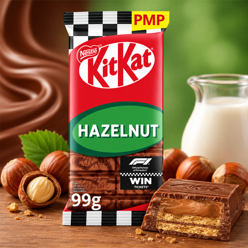 KitKat F1 Hazelnut Chocolate Sharing Bar 99g PMP Crispy Wafer Milk Chocolate (Box of 15 Bars)