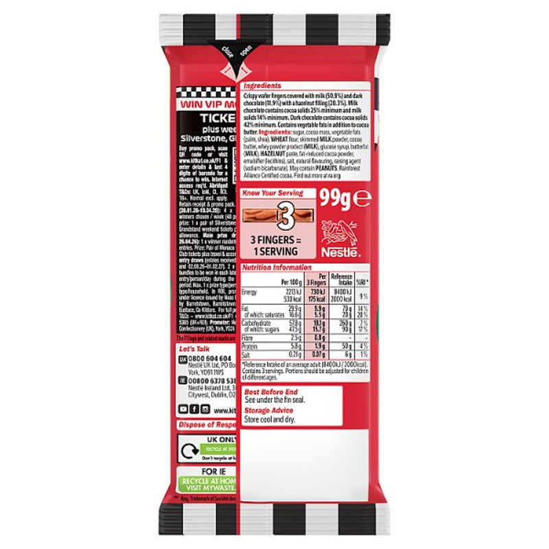 KitKat F1 Hazelnut Chocolate Sharing Bar 99g PMP Crispy Wafer Milk Chocolate (Box of 15 Bars)