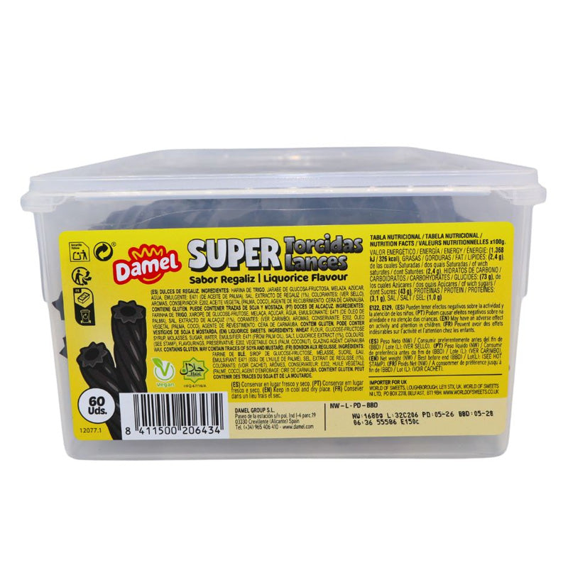 Damel Halal Liquorice Candy Sticks 1.68kg Super Liquorice Lances Tub 60 Pieces
