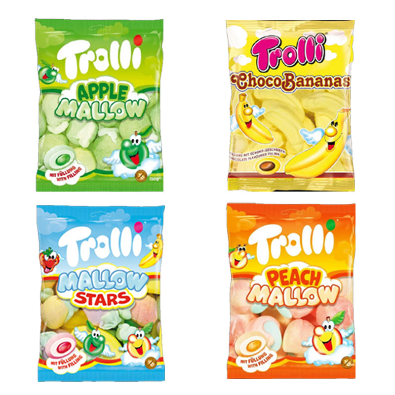 Trolli Mallow Marshmallow Selection 150g Pack Apple Peach Stars Choco Bananas Soft Sweets (Box of 8 Packs)