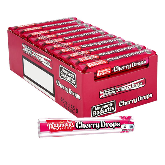 Maynards Bassetts Cherry Drops Sweets Rolls – Cherry Flavoured Hard Candy Roll 45g (Box of 40 Rolls)