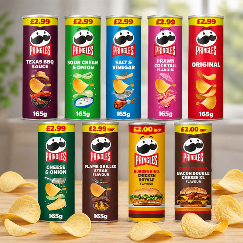Pringles Sharing Crisps 165g PMP 6 Tins – Original, Texas BBQ, Sour Cream & Onion, Salt & Vinegar & More