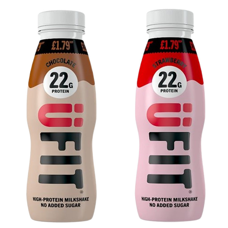 ÜFit High Protein Milkshake 310ml Chocolate & Strawberry Flavours (Box of 8 Bottles)