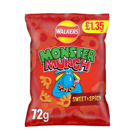 Walkers Monster Munch Sweet & Spicy Snacks PMP 72g Crunchy Corn Snack Crisps (Box of 18 Packs)