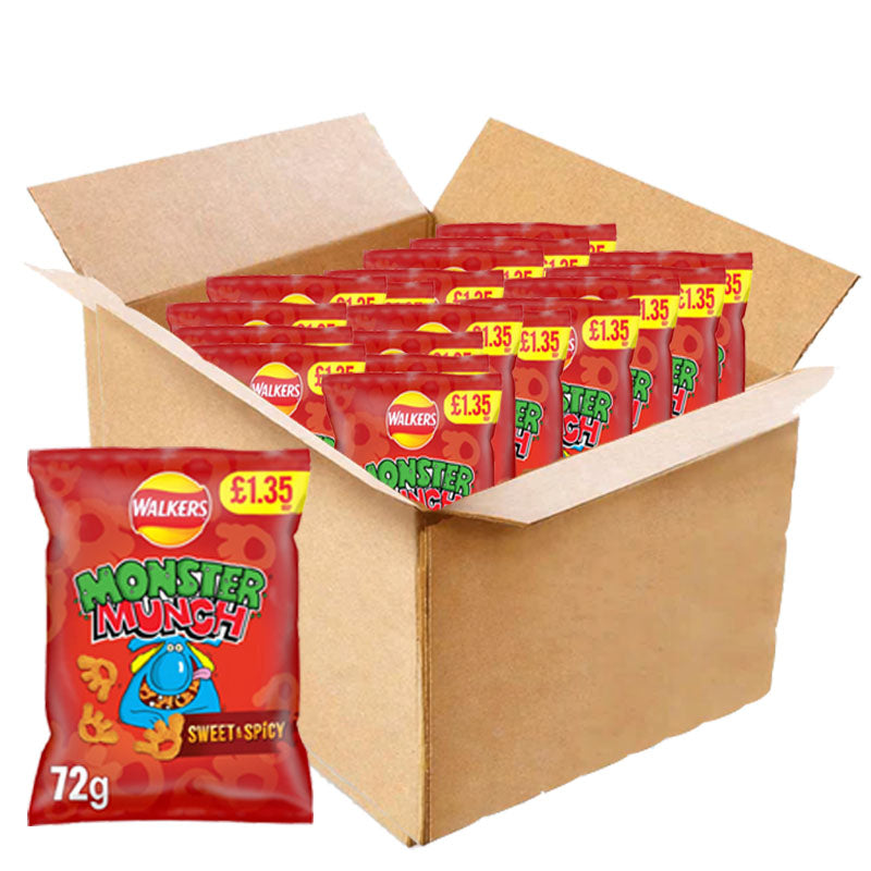 Walkers Monster Munch Sweet & Spicy Snacks PMP 72g Crunchy Corn Snack Crisps (Box of 18 Packs)