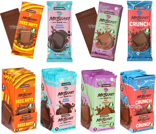 Mr Beast Chocolate Feastables Bar All Flavours Original, Crunch & Peanut Butter Bar 10 x 60g Full Box