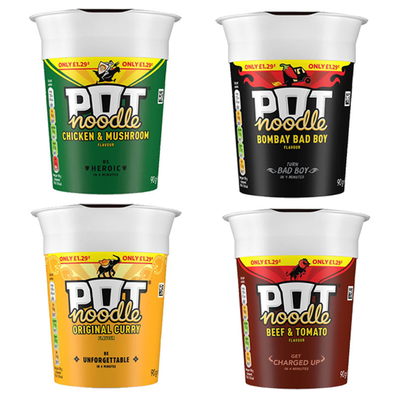 Pot Noodle 90g Instant Snack Cups– Chicken & Mushroom, Bombay Bad Boy & More (Box of 12)