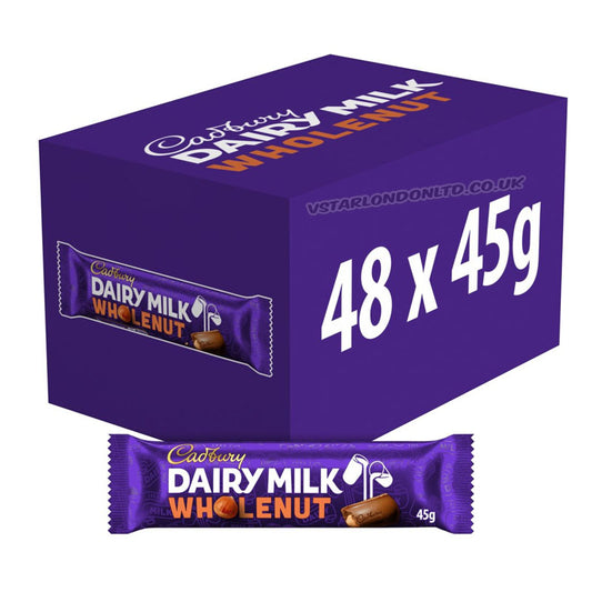 Cadbury Dairy Milk Wholenut Chocolate Bar 45g Milk Chocolate with Whole Hazelnuts (Box of 48 Bars)