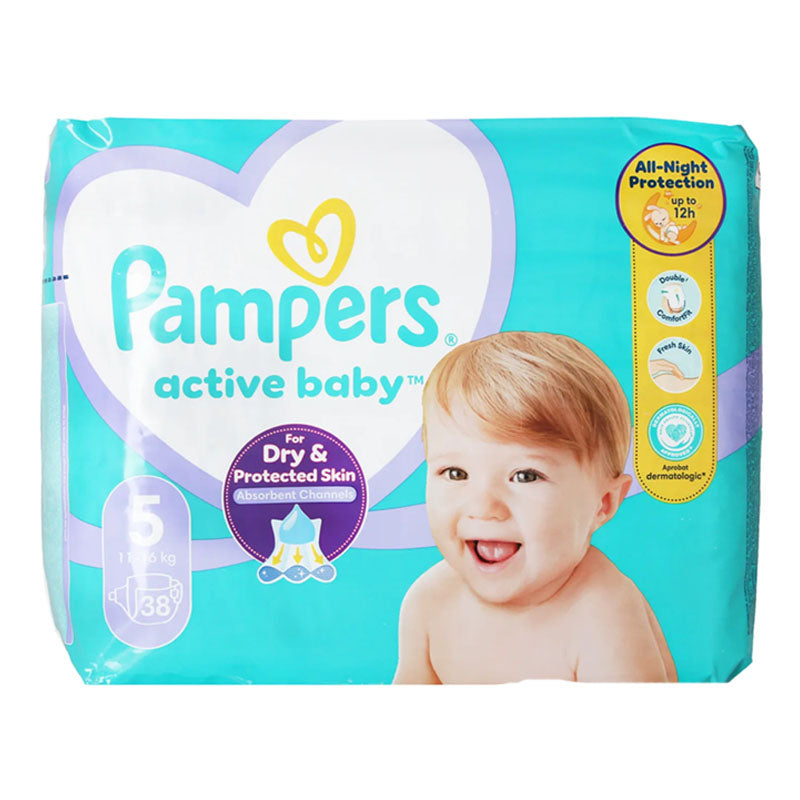 Pampers Active Baby Nappies Size 5 Soft & Absorbent Leak Protection for Active Babies (Bag of 38 Diapers)
