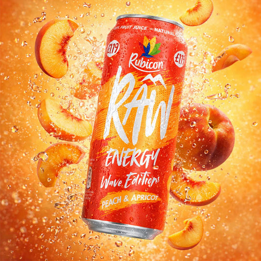 Rubicon Raw Energy Wave Editions Peach & Apricot 500ml (Box of 12 Cans)