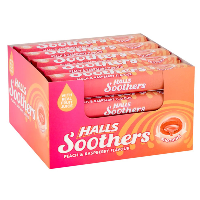 Halls Soothers Peach & Raspberry Lozenges 45g x 20 Rolls – Fruit Juice Sweets