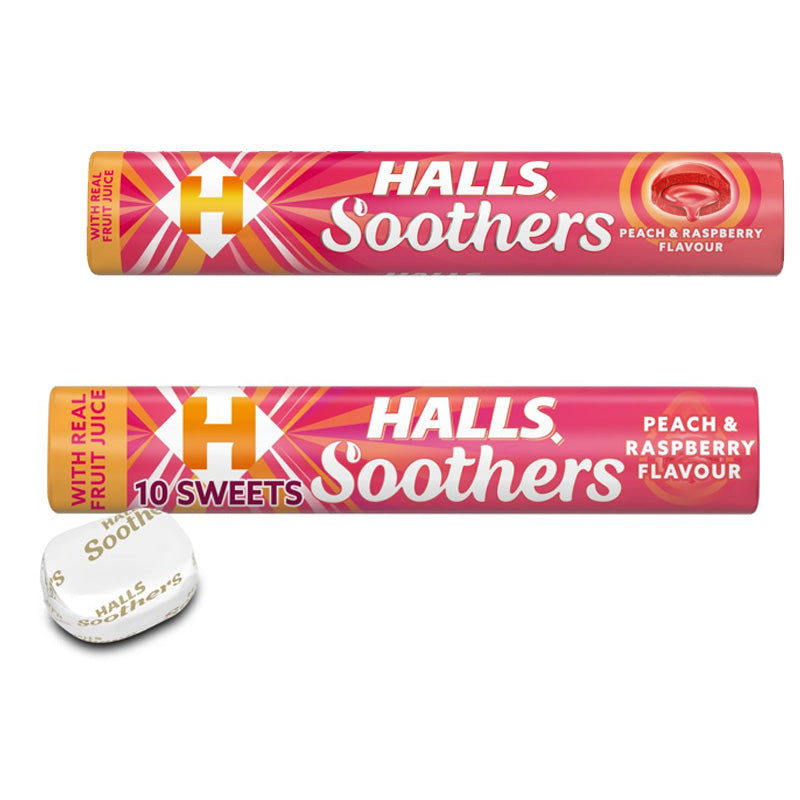Halls Soothers Peach & Raspberry Lozenges 45g x 20 Rolls – Fruit Juice Sweets