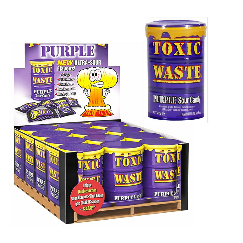 Toxic Waste Sour Candy Drum 42g | Yellow Red Green Purple Fusion Flavours Extreme Sour Sweets (Box of 12 Drums)