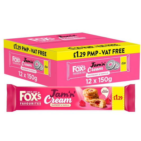 Fox's Favourites Jam n Cream Raspberry Vanilla Biscuits 150g (Box of 15 Packs)