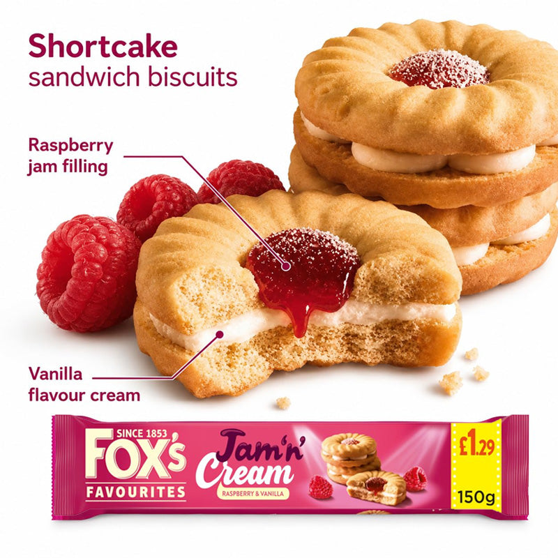 Fox's Favourites Jam n Cream Raspberry Vanilla Biscuits 150g (Box of 15 Packs)