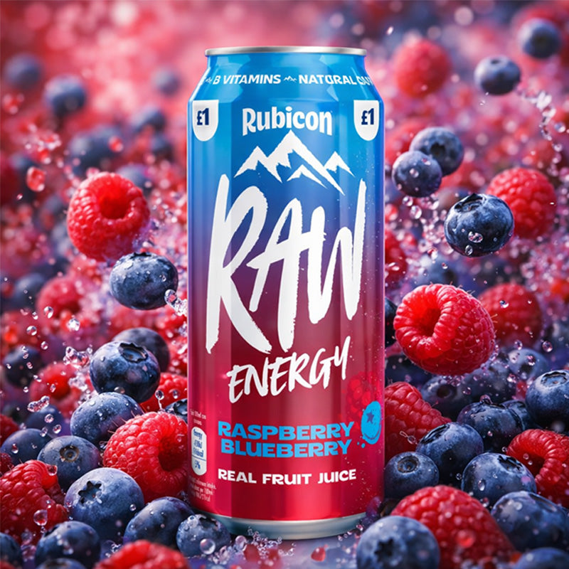 Rubicon Raw Energy Raspberry Blueberry Real Fruit Juice Energy Drink 500ml PMP (Box of 12 Cans)