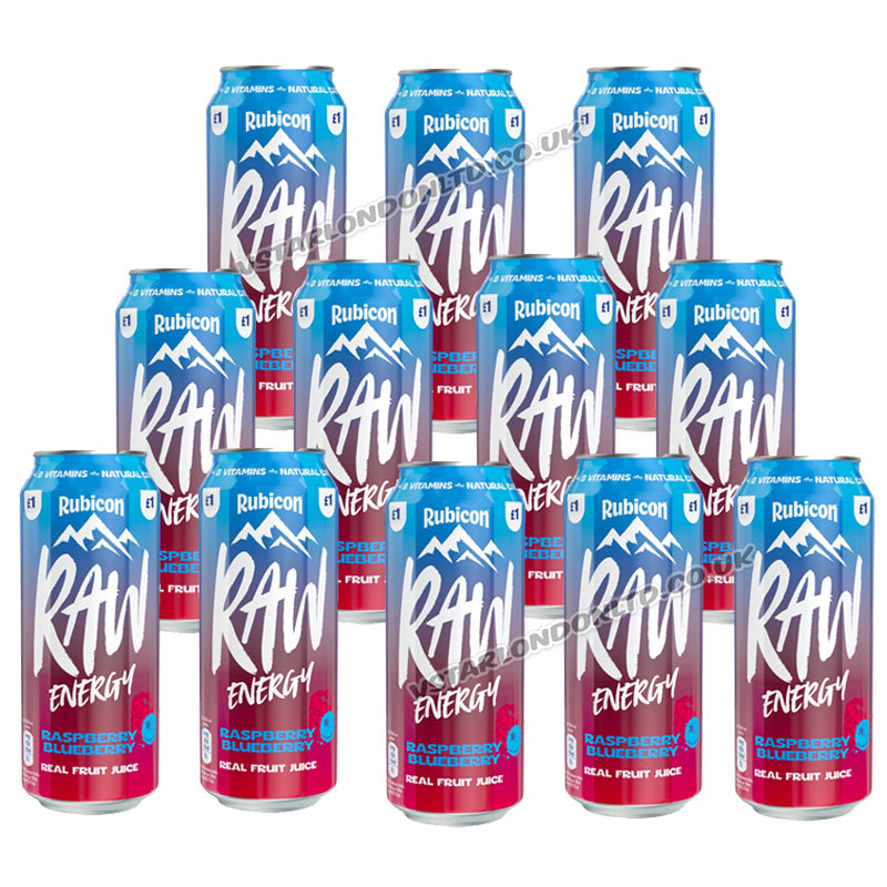 Rubicon Raw Energy Raspberry Blueberry Real Fruit Juice Energy Drink 500ml PMP (Box of 12 Cans)