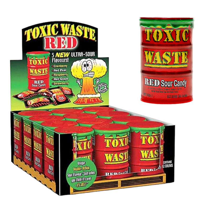 Toxic Waste Sour Candy Drum 42g | Yellow Red Green Purple Fusion Flavours Extreme Sour Sweets (Box of 12 Drums)