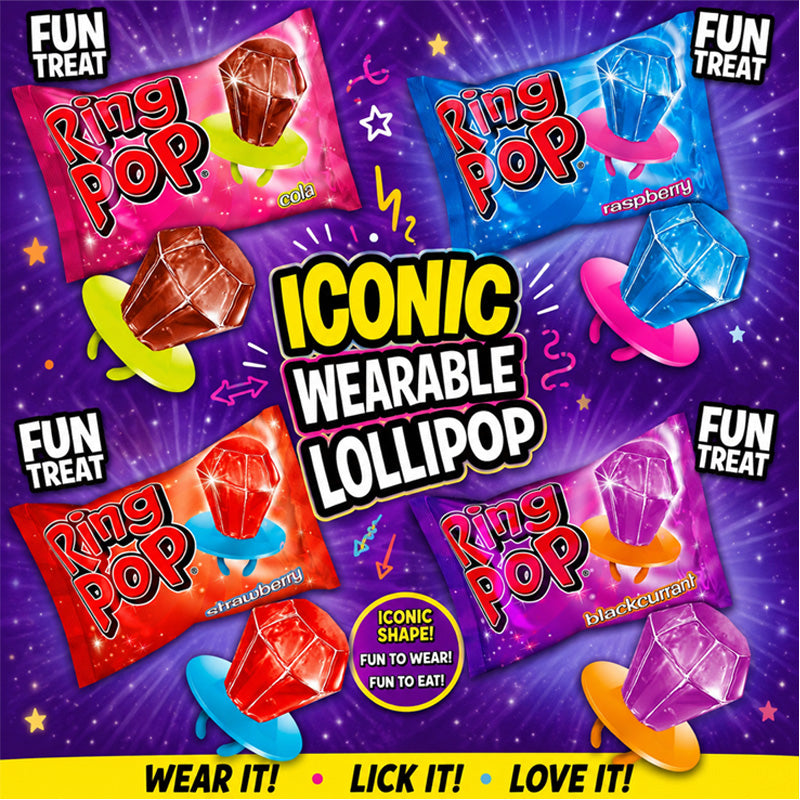 Bazooka Ring Pop Candy Lollipops 10g Box of 24 Fruity Wearable Lollipops