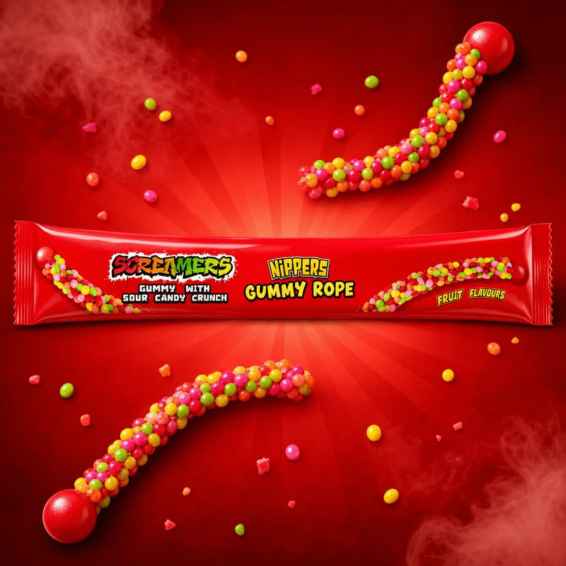 Zed Candy Screamers Nippers Gummy Rope 16.5g x 24 – Sour Crunchy Fruit Sweets