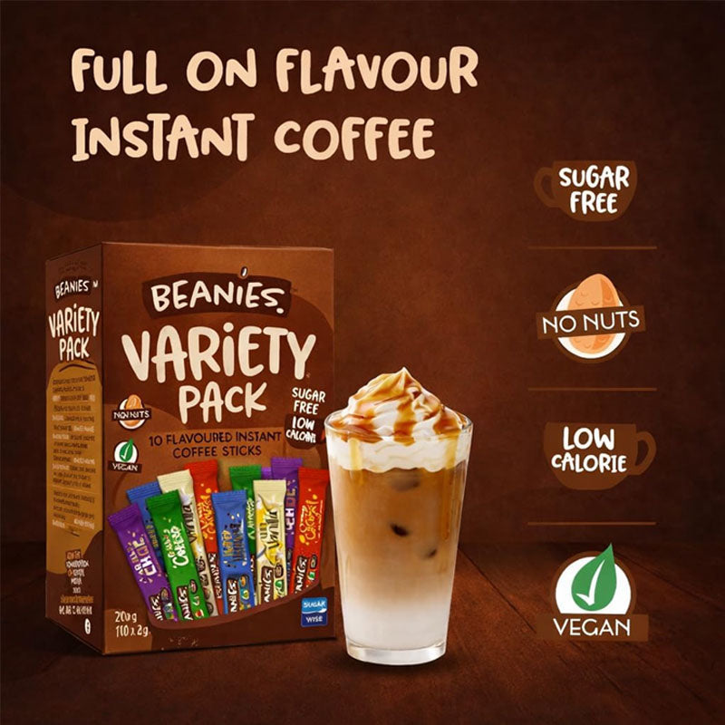 Beanies Variety Sachets 10 x 2g Packs 20g | Box of 12 & 24 | Sugar Free Low Calorie Instant Coffee