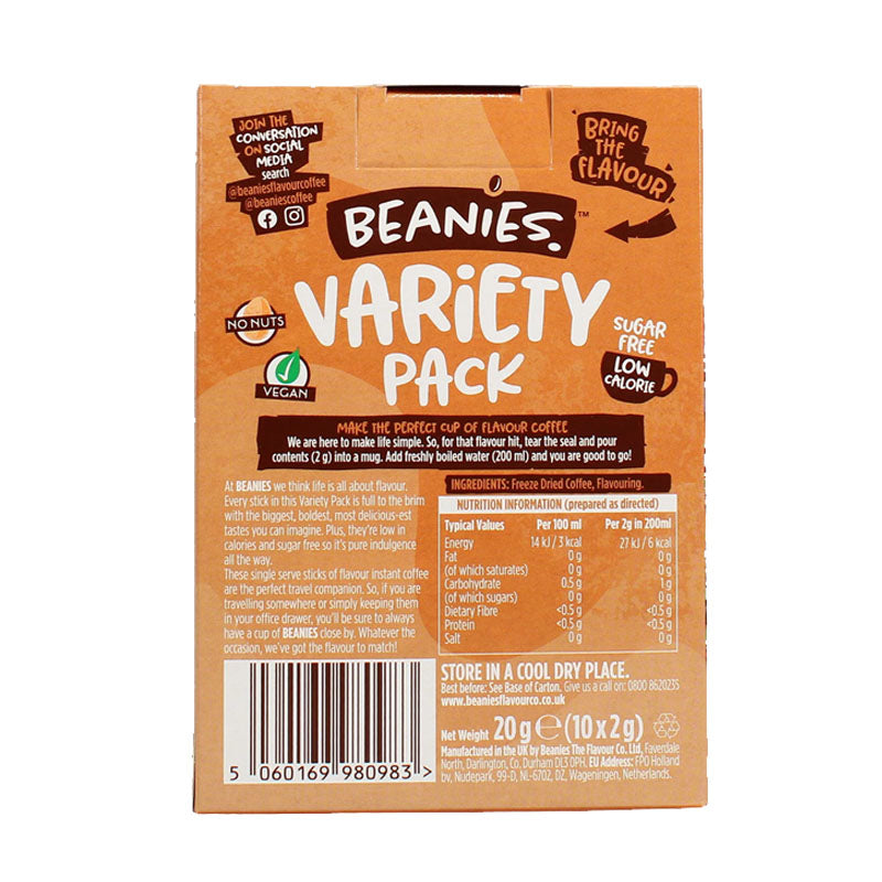 Beanies Variety Sachets 10 x 2g Packs 20g | Box of 12 & 24 | Sugar Free Low Calorie Instant Coffee