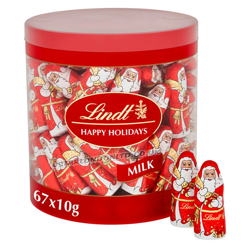 Lindt Milk Chocolate Santa Mini Drum (67 Santas x 10g) – 670g Christmas Chocolates