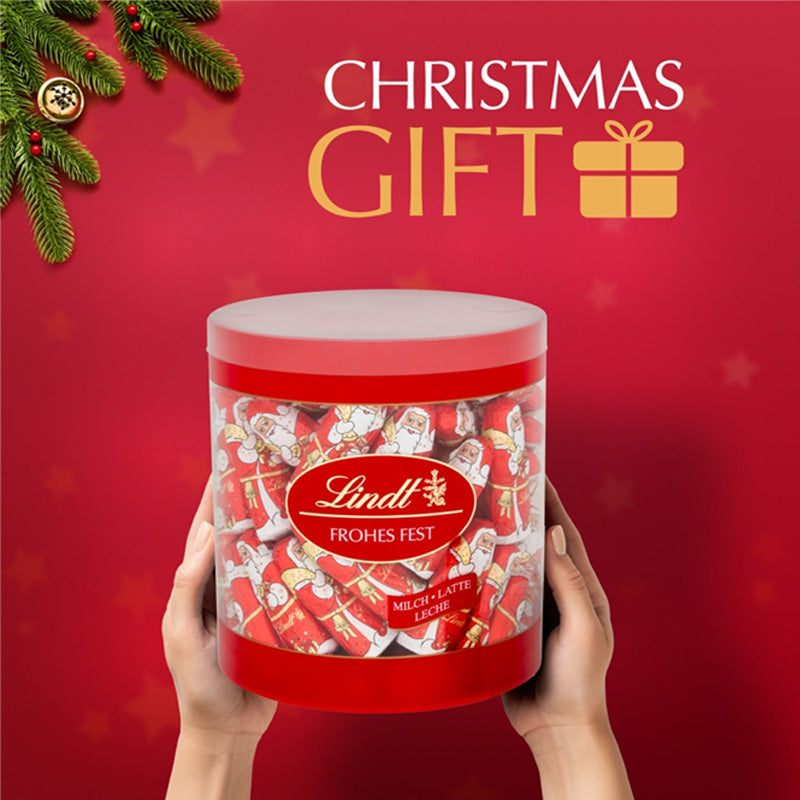 Lindt Milk Chocolate Santa Mini Drum (67 Santas x 10g) – 670g Christmas Chocolates