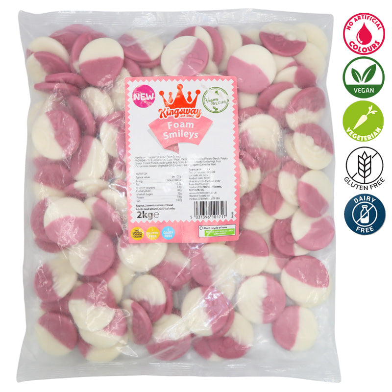 Kingsway Foam Smileys Sweets Vegan Vanilla Raspberry Foam Candy Bag 2Kg