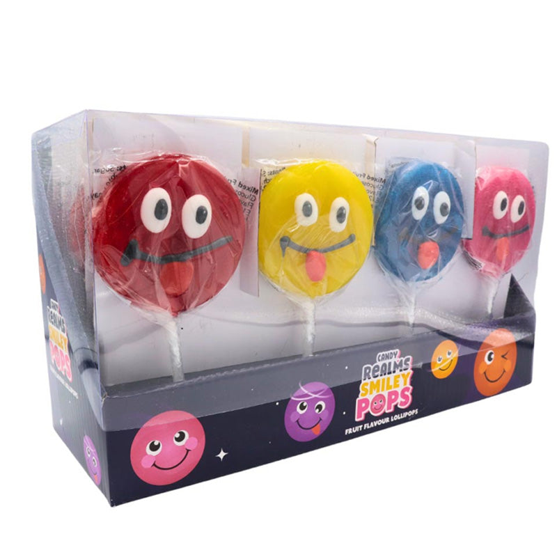 Candy Realms Smiley Face Lollipops 50g x 24 – Mixed Fruit Flavour Sweets