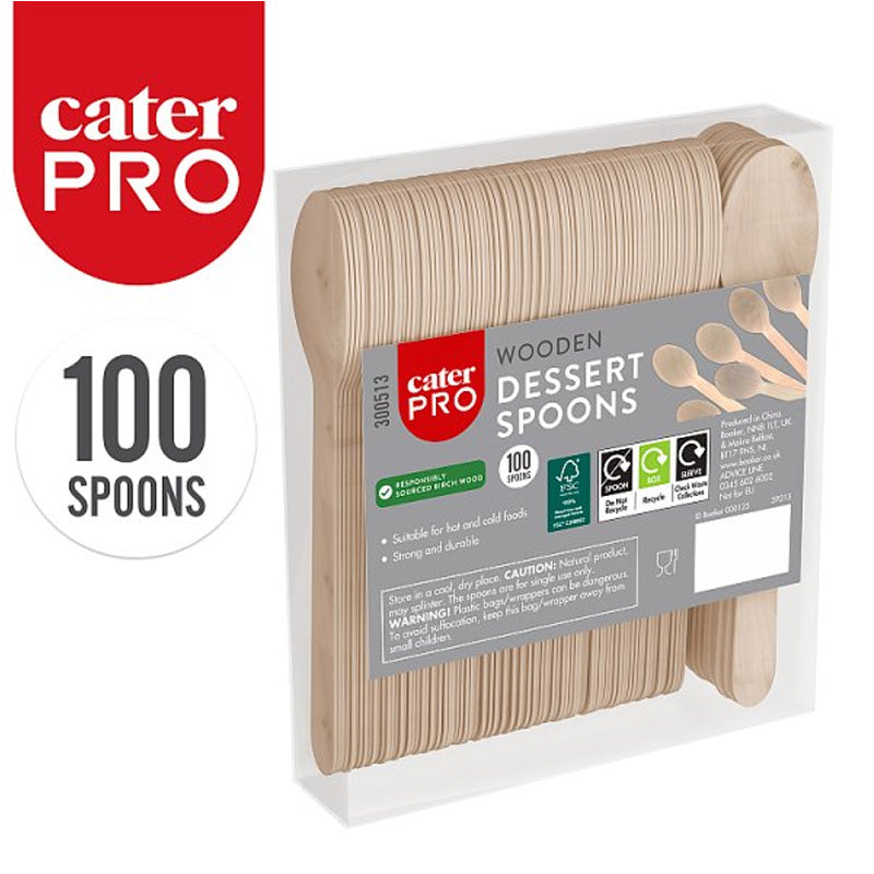 CaterPro Wooden Dessert Spoons Birch Wood Pack of 100 Spoons