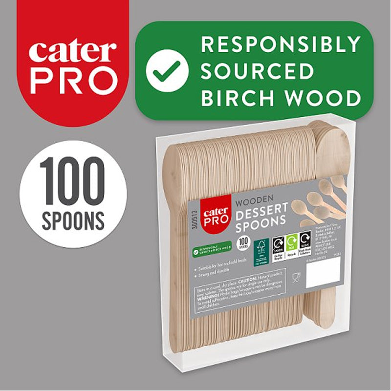 CaterPro Wooden Dessert Spoons Birch Wood Pack of 100 Spoons