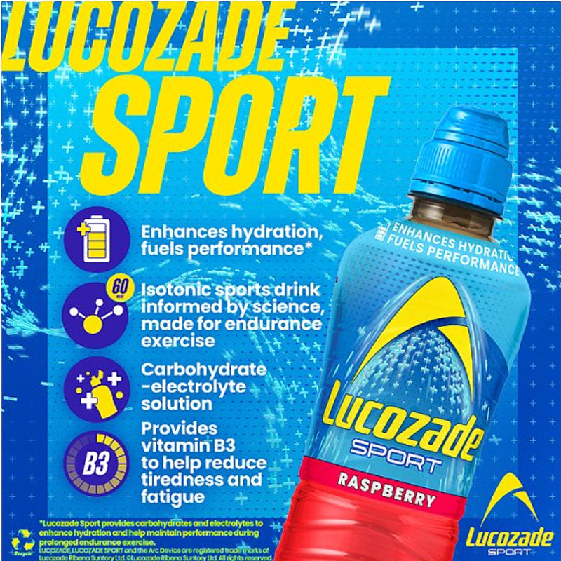 Lucozade Sport Drink Raspberry Electrolyte Sports Drink 500ml (Box of 12 Bottles) Hydration Drink
