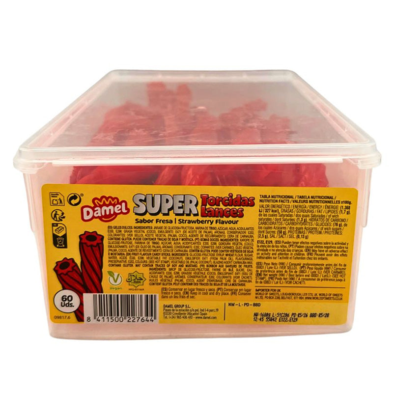 Damel Strawberry Candy Sticks 1.68kg Halal Super Strawberry Lances Tub 60 Pieces