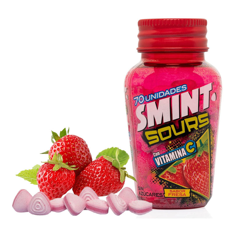 SMINT Sour Strawberry Bottle 70PC 49g Sugar Free Mint Candy Strawberry Flavour (Box of 6 Bottles)