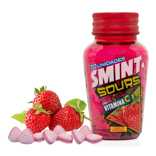 SMINT Sour Strawberry Bottle 70PC 49g Sugar Free Mint Candy Strawberry Flavour (Box of 6 Bottles)