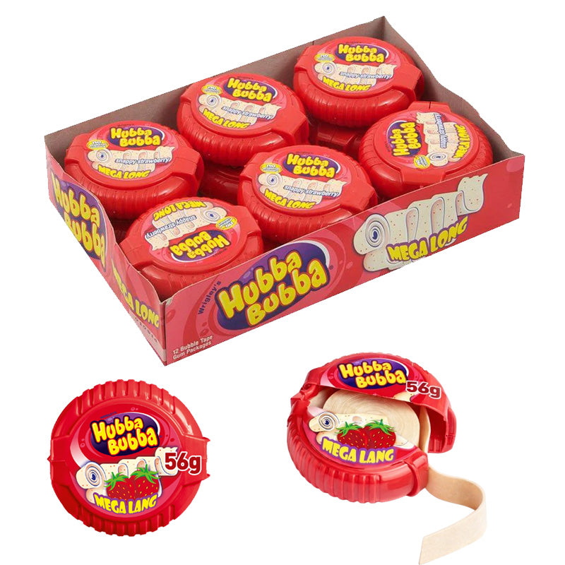 Hubba Bubba Mega Long Tape Bubble Gum Strawberry & Fancy Fruit Flavour 56g (Box of 12)