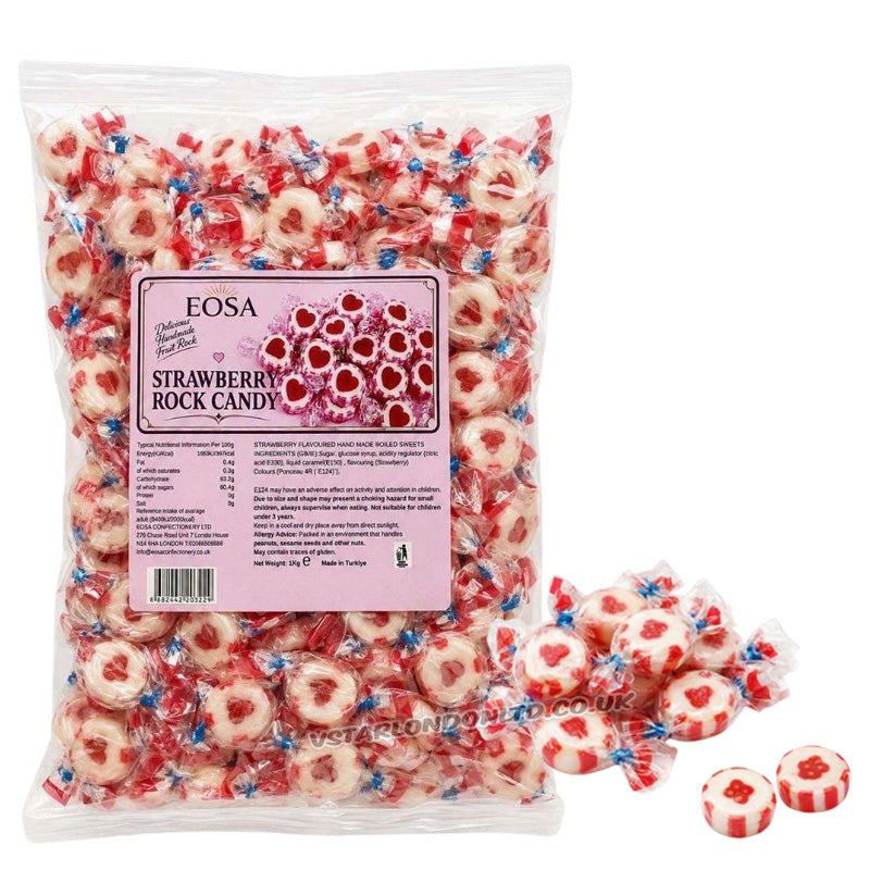Strawberry Rock Candy Hearts 1kg – Handmade Individually Wrapped Boiled Sweets