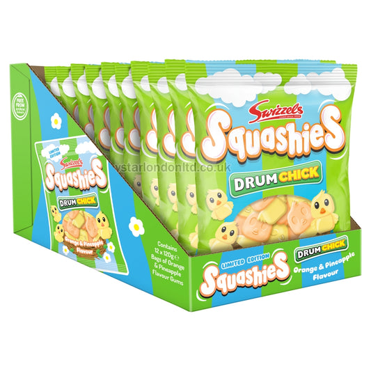 Swizzels Drumchick Squashies Orange & Pineapple Gums 120g (Pack of 12 Bags) - Fruity Delight