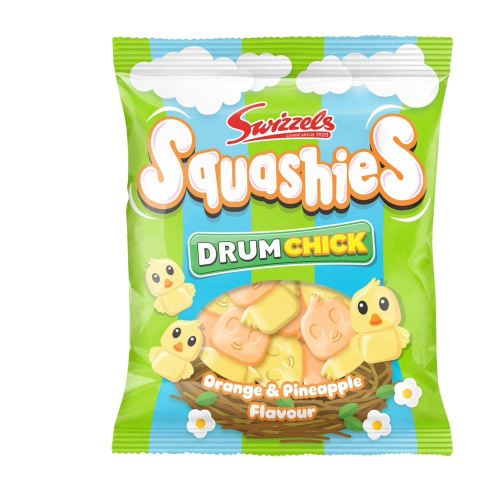 Swizzels Drumchick Squashies Orange & Pineapple Gums 120g (Pack of 12 Bags) - Fruity Delight