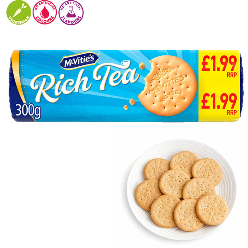 McVitie's Rich Tea Classic Biscuits 300g PMP Tea Biscuits Crunchy Cookies (Box of 12 Packs)