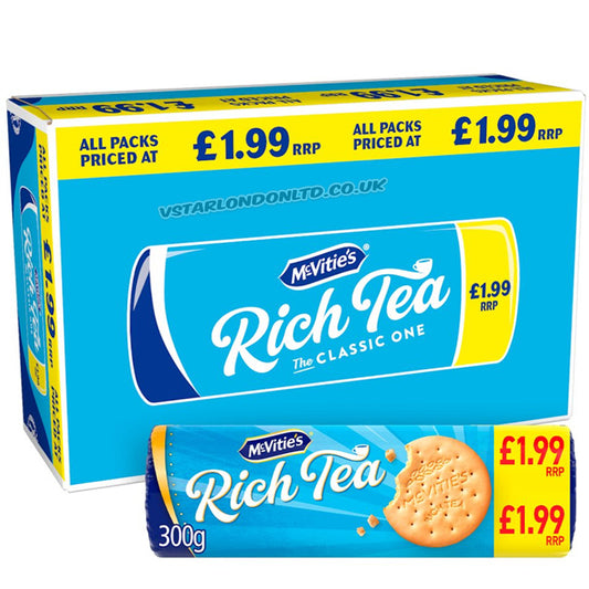 McVitie's Rich Tea Classic Biscuits 300g PMP Tea Biscuits Crunchy Cookies (Box of 12 Packs)