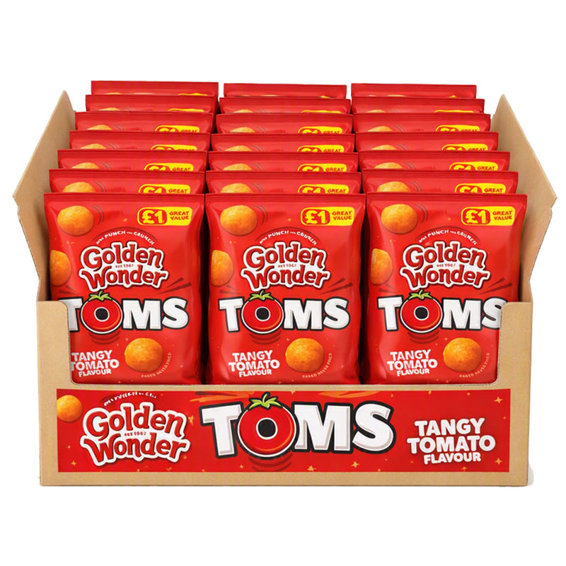 Golden Wonder Toms Tangy Tomato Flavour Maize & Pea Fibre Snacks 63g (Box of 18 packs)
