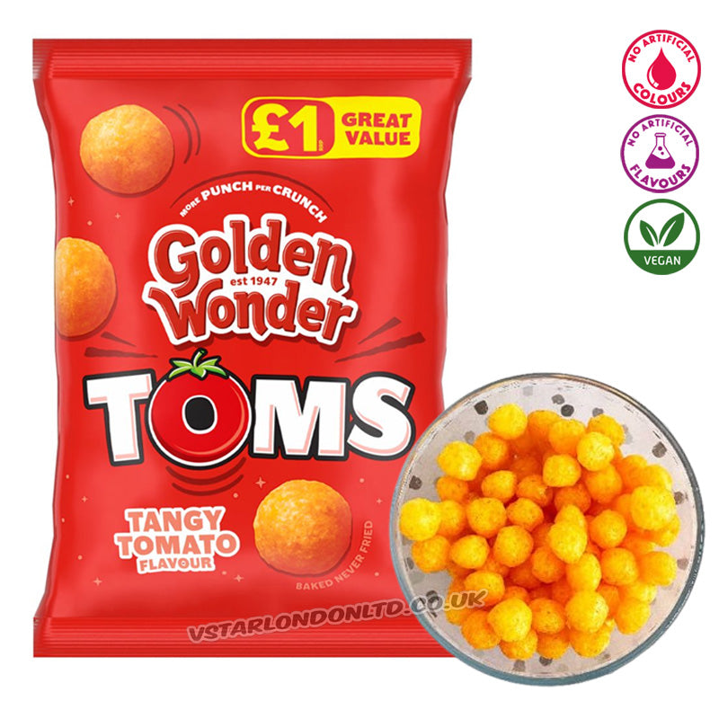 Golden Wonder Toms Tangy Tomato Flavour Maize & Pea Fibre Snacks 63g (Box of 18 packs)