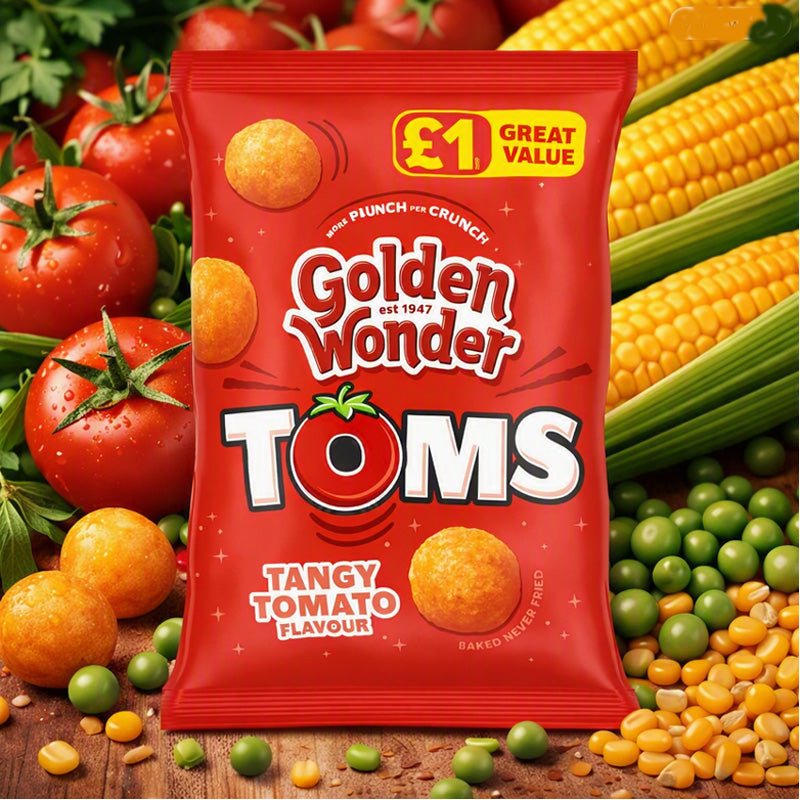 Golden Wonder Toms Tangy Tomato Flavour Maize & Pea Fibre Snacks 63g (Box of 18 packs)