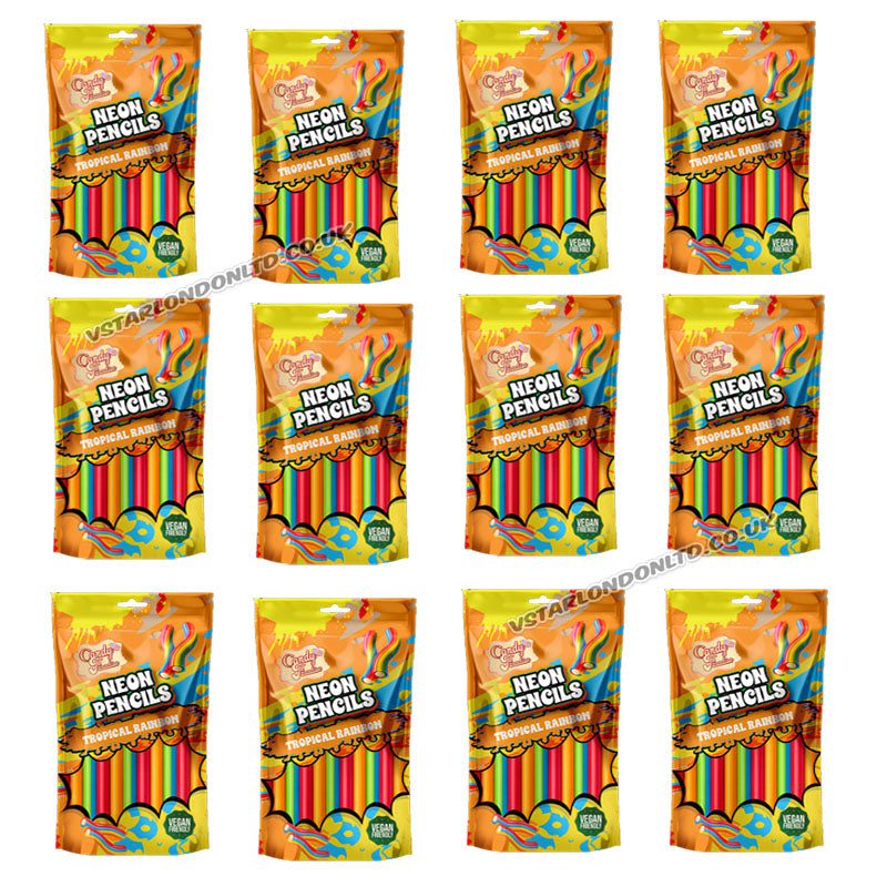 Neon Pencils Candy 130g | Strawberry, Sour & Tropical Flavours (Box of 12 Packs)