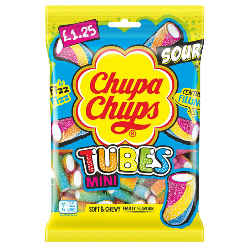 Chupa Chups Mini Sour Tubes Fizzy Fruit Soft Chews 120g PMP (12 Packs)