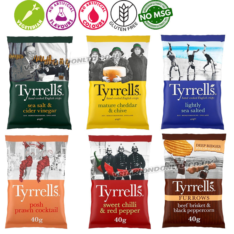 Tyrrells Hand Cooked English Crisps 40g Variety 6 Flavours Vegetarian Gluten Free